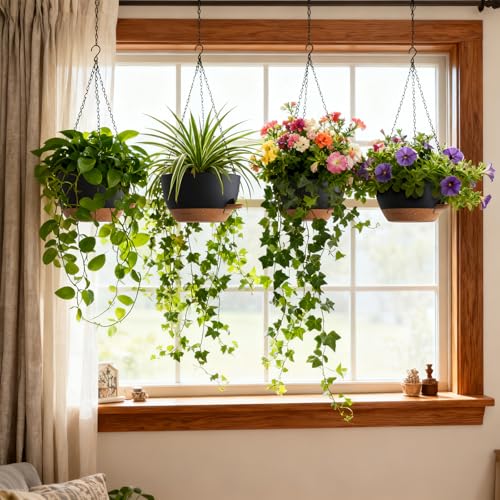 UOUZ 4 Pack 8 Inch Self Watering Hanging Planters for Indoor Outdoor Plants，Hanging Pots for Plants with Drainage Removable Tray, Hanging Baskets Flower Pots for Pothos Spider Garden Black with Brown - color: Black With Brown, size: 8inch-4pack