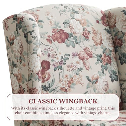 HUIMO Printed Wingback Accent Chair, Linen Upholstered High Back Armchair, Comfy Reading Chair for Living Room Bedroom Study, 300lbs Weight Capacity (1, Red Floral) - color: Red Floral