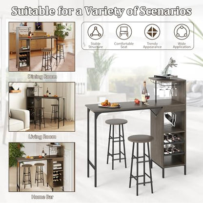 GOFLAME Bar Table Set for 2, Counter Height Dining Table Set with Shelves, Cup Holder & Wine Rack, Breakfast Table & Stools Set, 3-Piece Pub Table Set for Kitchen, Dining Room, Grey Oak - color: Grey Oak