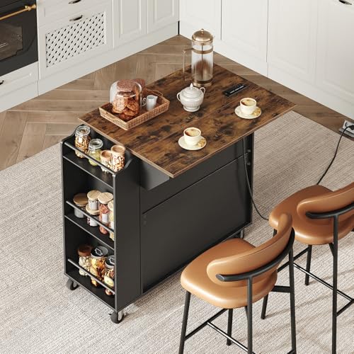 Kitchen Island with Power Outlets & Drop Leaf, Rolling Kitchen Cart on Wheels, Kitchen Storage Island with Spice Rack and Drawer for Kitchen, Dinning Room, Black and Rustic Brown - color: Black + Rustic Brown