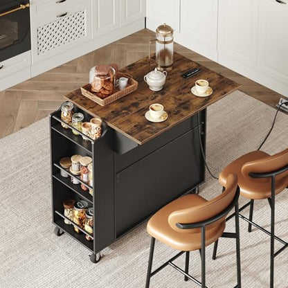 Kitchen Island with Power Outlets & Drop Leaf, Rolling Kitchen Cart on Wheels, Kitchen Storage Island with Spice Rack and Drawer for Kitchen, Dinning Room, Black and Rustic Brown - color: Black + Rustic Brown