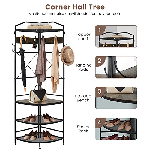 Recaceik Corner Coat Rack, Multifunctional Entryway Corner Shoe Rack with 8 Metal Double Hooks and Storage Shelf, Freestanding Corner Hall Tree Stand Storage for Living Room, Office, Rustic Brown