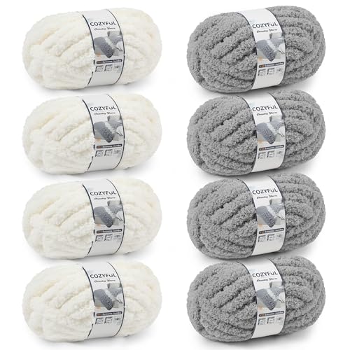 Cozyful Chunky Yarn for Hand Knitting - #10 Chunky Chenille Yarn, Jumbo Big Thick Chunky Yarns for Crocheting, Super Bulky Chunky Knit Blanket Yarns, 8 Skein (22yd, 8oz/Skein), Cream & Grey - color: Cream & Light Grey