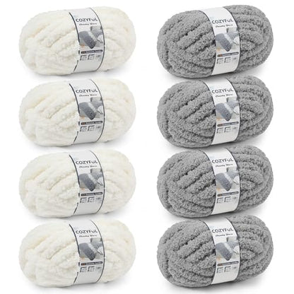 Cozyful Chunky Yarn for Hand Knitting - #10 Chunky Chenille Yarn, Jumbo Big Thick Chunky Yarns for Crocheting, Super Bulky Chunky Knit Blanket Yarns, 8 Skein (22yd, 8oz/Skein), Cream & Grey - color: Cream & Light Grey