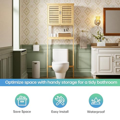 SMIBUY Bathroom Over The Toilet Storage Cabinet, 2 Door Bamboo Cabinet Organizer, Freestanding Space Saver Toilet Rack with Adjustable Inside Shelf and Open Shelf (Natural) - color: Natural