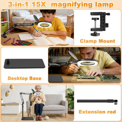 15X Magnifying Lamp with Light,5-Inch Optical Glass Lens, 3-in-1 Desk/Clamp/Floor Stand, LED Lighted Magnifier, Stepless Dimming for Close Work, Crafts, Repair, Reading, Sewing, Black - color: Black