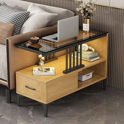Coffee Table with Glass Tabletop,3-Tier Narrow End Tables,Nightstand Bedside Table Open Storage for Small Spaces,Living Room,Bedroom(80 * 30 cm/31.5 * 11.8 in, Natural)