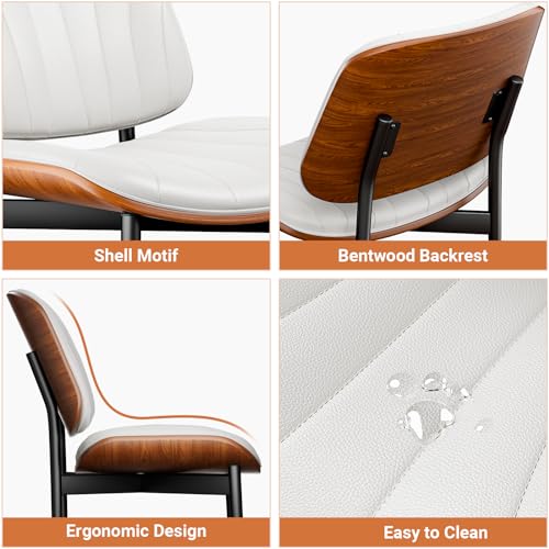 YaFiti Mid Century Dining Chairs Set of 2 with Walnut Bentwood, White | Ergonomic Walnut Backrest, Upholstered Waterproof PU Leather Seat, Stable Metal Legs, Adjustable Footpads, Apartment Friendly - color: White Scallop