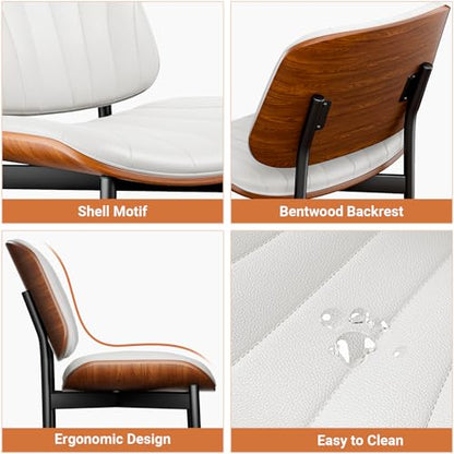 YaFiti Mid Century Dining Chairs Set of 2 with Walnut Bentwood, White | Ergonomic Walnut Backrest, Upholstered Waterproof PU Leather Seat, Stable Metal Legs, Adjustable Footpads, Apartment Friendly - color: White Scallop