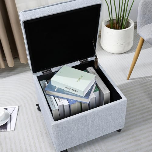 17" Square Storage Ottoman with Wheels, Upholstered Linen Movable Cube Footrest & Extra Seat with Flip Top for Living Room, Bedroom, Blue Grey - color: Blue Grey With Wheels