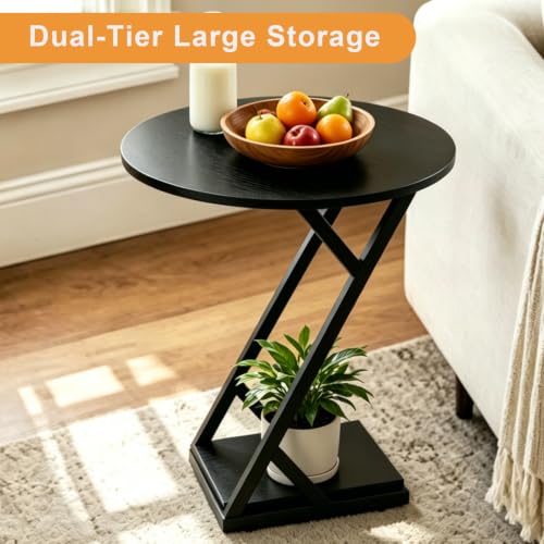 20In Small Round Side Table, 2-Tier Black End Table with Z-Shaped Metal Frame, Wood Grain Round Accent Table with Storage Shelf, Modern Sofa Side Coffee Table for Living Room Bedroom - color: 20in-black