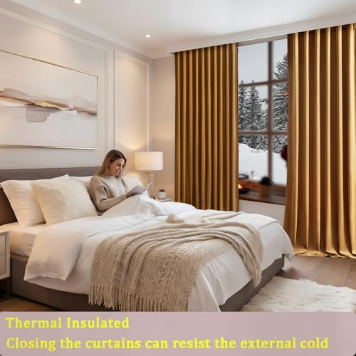 Timeper Gold Brown Velvet Curtains W42 x L96 inches 2 Panels, Light Blocking Curtains for Bedroom Living Room Thermal Insulated Luxury Super Soft Window Drapes,Back Tab & Rod Pocket - color: Gold Brown, size: 42"W x 96"L (Pack of 2)