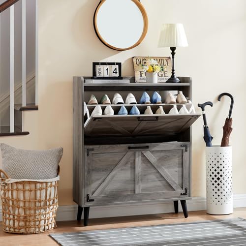 Barnyatoh Shoe Storage Cabinet with 2 Flip Drawers,Hidden Shoe Organizer | Farmhouse Freestanding Narrow Slim Shoes Rack Cabinet with Adjustable Shelves for Entryway Hallway,Washed Gray - color: Washed Gray