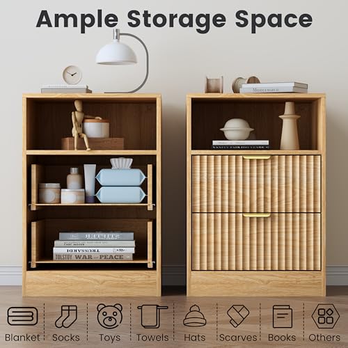 Fluted Nightstand Set of 2, LED Nightstand with Charging Station, Wood Nightstands with 2 Drawers & Metal Handles, Modern Bedside Table & End Tables, Farmhouse Night Stands for Bedroom, Natural - color: Natural Oak, style: LED 2 Drawers-2 PCS
