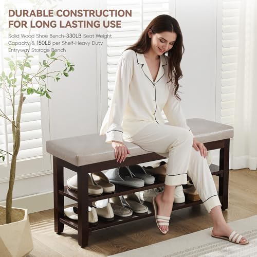 40" Entryway Bench, Shoe Storage Bench, Grey | Leather Cushion, Shoe Rack, End of Bed Bench for Front Door Entrance, Mudroom - color: Grey