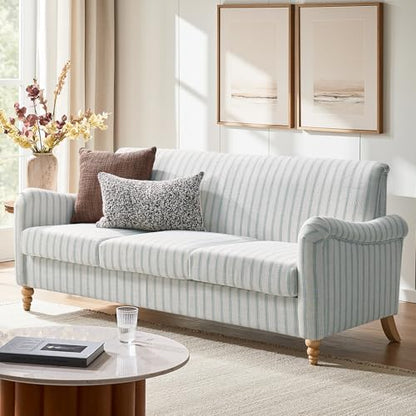 HULALA HOME Farmhouse Curved Couch with Stripe Pattern, 3 Seater Sofa, Blue | with Solid Wood Spindle Legs and Rolled Wide Armrests, Comfy Upholstered Sofa for Living Room Bedroom - color: Blue, size: 3-Seater Sofa