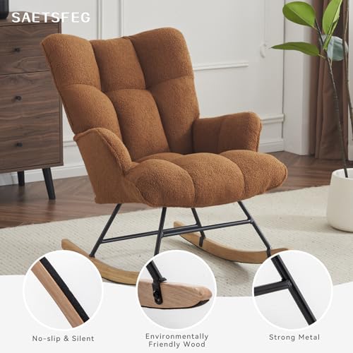 Rocking Chair Nursery Teddy Upholstered Glider Rocker Rocking Accent Chair Padded Seat with High Backrest Armchair Comfy Side Chair for Living Room Bedroom Offices (Brown Teddy) - color: Brown