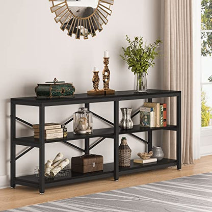 LITTLE TREE 70.9 Inch Long Console Sofa Table 3-Tier Industrial Sofa Table Behind Couch Table Hallway Entryway Table for Living Room, Black - color: Black