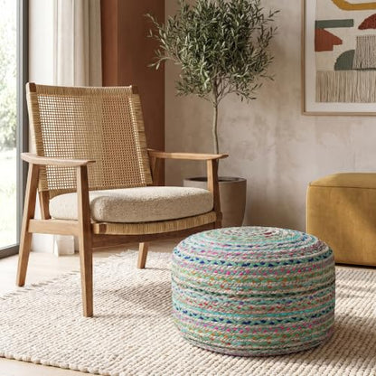 SIMPLIHOME Morden 18" Wide Square Pouf in Camel Brown Genuine Leather | Boho footstool, braided pouf, extra seating for living room or bedroom with polystyrene bead filling, assembled; accent seat. - color: Multi-green, style: Pouf