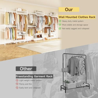 H6 Wall Mounted Closet System, Industrial Pipe Clothes Rack Clothing Racks with 6 Telescopic Rods & 3 Fixing Rods & 9 Shelves, Heavy Duty Closet Organizers and Storage in Wardrobe Closet (White) | Metal Clothing Rack with 6 Telescopic Rods & 3 Fixing Rods