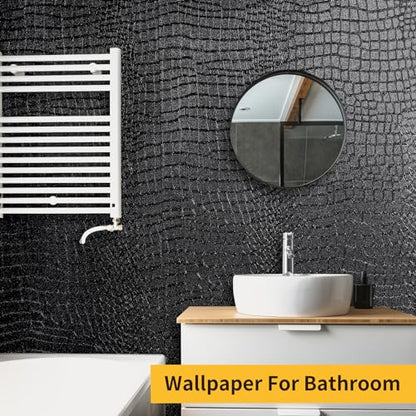 Black Peel and Stick Wallpaper Crocodile 15.7'' X 118'' Self Adhesive | PVC Waterproof Removable Contact Paper for Kitchen Cabinets Bathroom Living Room Renter Friendly - color: Black Crocodile, size: 15.7" x 118"