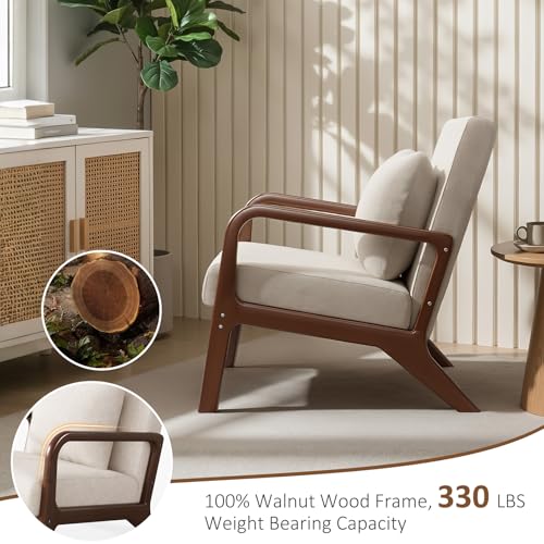 Mid Century Accent Chair with Solid Wood Frame & Linen Fabric, Beige | Upholstered Lumbar Pillow Lounge Chair Linen Fabric Cozy Leisure Chair Walnut Living Room Chair for Bedroom Waiting Room - color: Walnut Wood - Beige Fabric, style: 1 PCS