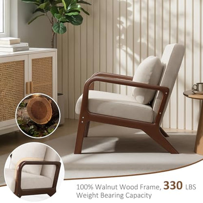 Mid Century Accent Chair with Solid Wood Frame Set of 2, Beige | Upholstered Lumbar Pillow Lounge Chair Linen Fabric Cozy Leisure Chair Walnut Living Room Chair for Bedroom Waiting Room - color: Walnut Wood - Beige Fabric, style: 2 PCS