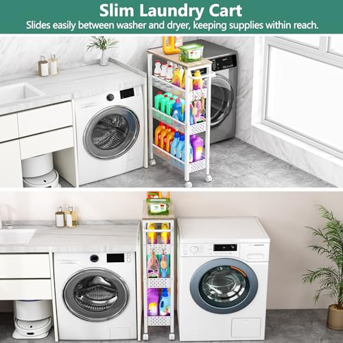 Vivihomety 4-Tier Slim Utility Rolling Laundry Cart with Wheels, Metal | Narrow 7.1" wide, Lockable wheels, wood top panel, metal frame, with handle, for laundry, bathroom, kitchen, white - color: White, size: 7.1 inch wide