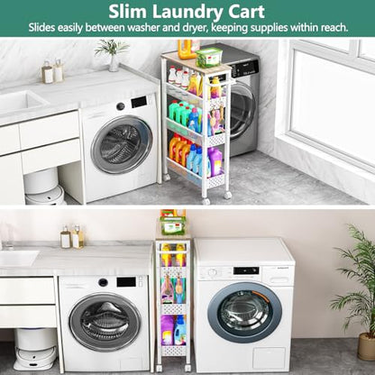 Vivihomety 4-Tier Slim Utility Rolling Laundry Cart with Wheels, Metal | Narrow 7.1" wide, Lockable wheels, wood top panel, metal frame, with handle, for laundry, bathroom, kitchen, white - color: White, size: 7.1 inch wide