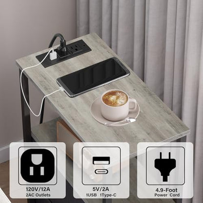 TUTOTAK Narrow LED End Table with Charging Station, Skinny Side Table | Bedside Table with Outlets, Nightstand with 2 Cloth Drawers, Couch Table for Living Room, Bedroom, Greig TB01BG056 - color: Greige, style: 2 Drawers with Plug & Light