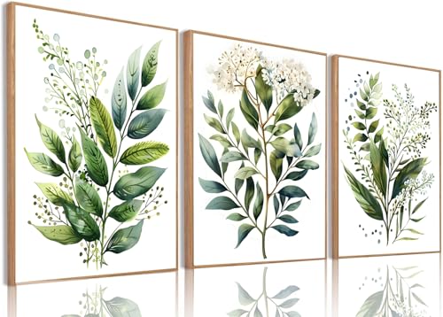 Bwodke Botanical Wall Art Plant Floral Watercolor Poster Canvas Prints Set of 3 Framed Sage Green Painting Eucalyptus Leaf Picture Modern Minimalist Home Decor Bedroom Bathroom Living Room 16"x24" - color: Fresh Green, size: 16"x24" Natural Framed