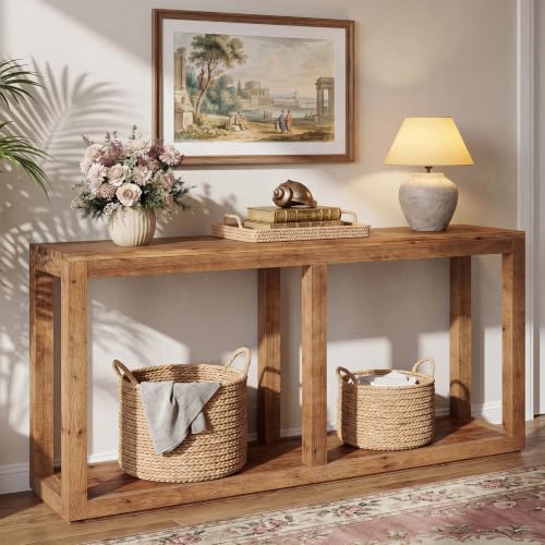 70.9" Solid Wood Console Table, Entryway Table, Sofa Tables | Farmhouse Style, 2-Tier Storage, Narrow Long Design, For Living Room, Hallway, Entrance, Brown