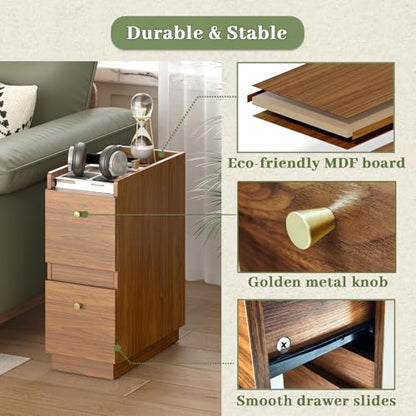 Narrow Night Stands, Modern Slim Nightstand Set of 2, Wooden Skinny Bedside Table 2 Drawers, Stackable Narrow Side Table with Drawers for Small Spaces, Bedroom, Living Room, Walnut Brown - color: Brown (2pcs)