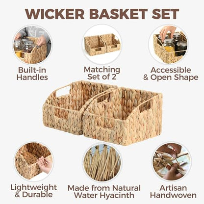 2-Pack Wicker Basket Set - Water Hyacinth Pantry Organizers and Storage w/Handles, For Home, Bedroom, Kitchen, & More - 100% Earth Friendly Woven Rattan, Simple Open Shape Decorative Baskets