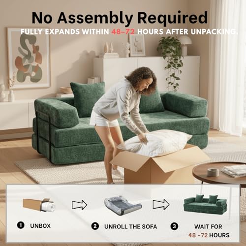 Alpen 77" Convertable Sleeper Sofa, 4-in-1 Pull Out Couch Bed with L-Shaped Armrests, Futon Sofa Bed Queen Size Sleeper Mattress Fold Out Comfy Lounge for Living Room Bedroom, Green - color: Green-chenille