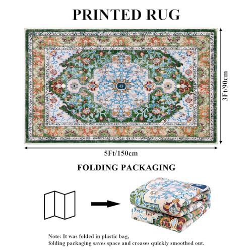 U'Artlines Boho Vintage Area Rug 3x5 Machine Washable Carpet, Green | Low Pile, Non Slip, Ultra-Thin Soft Floor Carpet, Accent Rug for Living Room Bedroom Dining Room Office - color: Green, size: 3' x 5' (Rectangular)