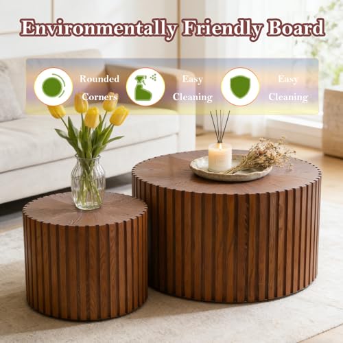 Handcraft Round Nesting Coffee Table (Brown 27.56+19.69in) | Chic Wave Stripe Edge, Modern Stylish Walnut Wooden Circle Fluted Center Table for Living Room - color: A Brown 27.56+19.69in