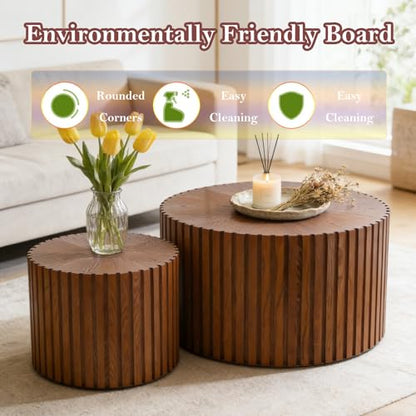 Handcraft Round Nesting Coffee Table (Brown 27.56+19.69in) | Chic Wave Stripe Edge, Modern Stylish Walnut Wooden Circle Fluted Center Table for Living Room - color: A Brown 27.56+19.69in