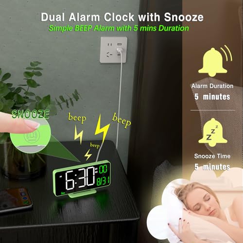 Small Digital Clock, 6.7in Alarm Clocks for Bedrooms, Auto Dimming, Room Temperature, Day of The Week, Seconds, Date, Desk Clock for Bedroom, Digital Clocks for Living Room - color: Green (White + Green Digits)