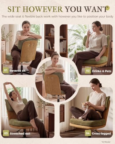 COMHOMA Home Office Desk Chairs with Ergonomic Curved Backrest, Mid Century Modern Vanity Chair with Wheel for Bedroom, Chenille Upholstered, Green - color: Green, Chenille