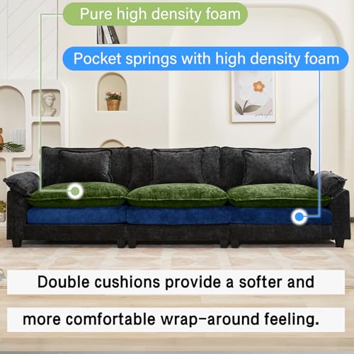 120" Modular Sectional Sofa, Comfy 3 Seater Deep Cloud Couch | Couches for Living Room, Modular Couch, Deep and Wide Seat, Chenille Sofa Sleeper with Throw Pillows, Black - color: Black, size: 120 Inch