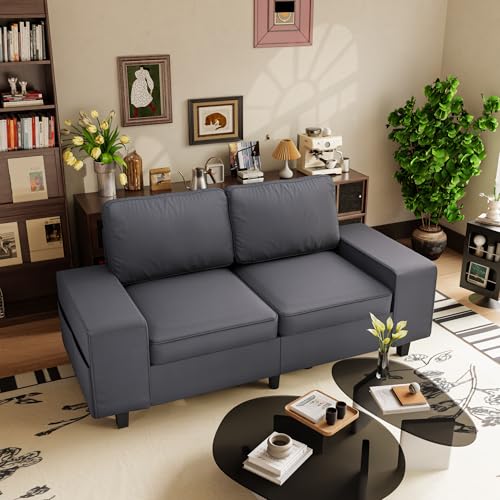 71" Leathaire Loveseat Couch, 2 Seater Retro Sofa with 4 Side Pockets, Removable and Washable Cushions, Living Room，Apartment, Office (Dark Grey) - color: Dark Grey Leathaire, size: 71 "