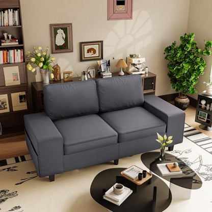 71" Leathaire Loveseat Couch, 2 Seater Retro Sofa with 4 Side Pockets, Removable and Washable Cushions, Living Room，Apartment, Office (Dark Grey) - color: Dark Grey Leathaire, size: 71 "