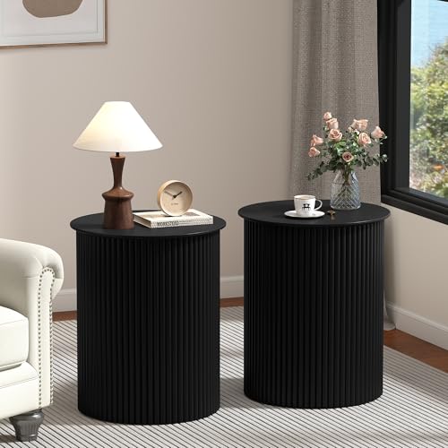 Round Fluted Side Table Set of 2, 17.7" Mid-Century Modern End Tables, Wooden Bedside Table Round Nightstand Small Circle Sofa Accent Table for Living Room, Bedroom Home(Black) - color: Black, size: 17.7"D x 17.7"W x 21.6"H