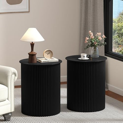 Round Fluted Side Table Set of 2, 17.7" Mid-Century Modern End Tables, Wooden Bedside Table Round Nightstand Small Circle Sofa Accent Table for Living Room, Bedroom Home(Black) - color: Black, size: 17.7"D x 17.7"W x 21.6"H
