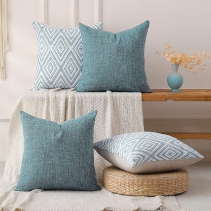 HPUK Throw Pillow Covers 18x18, Set of 4, Blue Textured Couch Pillow Covers | Polyester fabric, patterned and solid designs, hidden zippers, machine washable, for sofas and beds, inserts not included - color: Blue, size: 18" x 18" (Pack of 4)