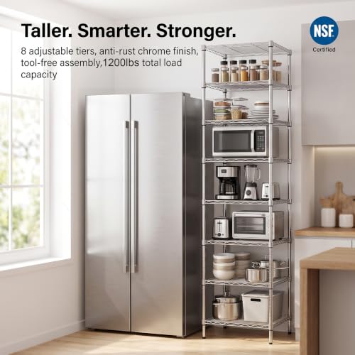 Finnhomy Heavy Duty 8 Tier Wire Shelving, 18x18x78.8 inches 8 Shelves Storage Rack with Thicken Steel Tube, Pantry Shelves for Storage, Adjustable Metal Shelving Unit, NSF Certified, Chrome - size: 78.8"H-Chrome