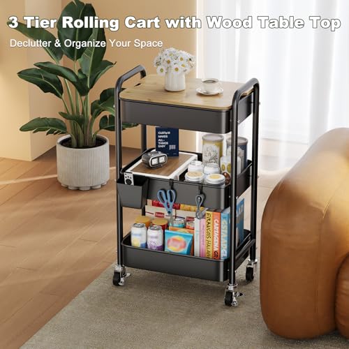 3 Tier Rolling Cart with Wood Table Top, Rolling Cart Table on Lockable Wheels,Rolling Side Table with Storage, Black Utility Carts for Arts and Crafts, Dorm, Medica, Laundry Room, Roller Book Shelf - color: Black