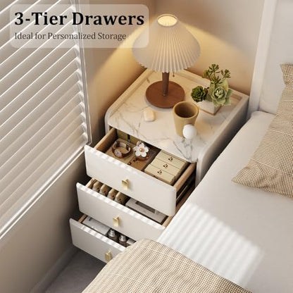 AQIMUELE Narrow Nightstand with Drawers, Narrow Side Table Leather, Small Bedside Tables for Bedroom. (White) - color: White, size: 15.7''W x 15"D x 22.8"H