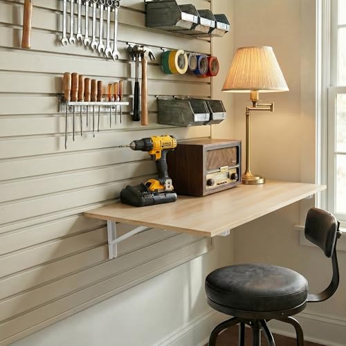 GOYLSER Fold Wall Mounted Table Folding Worktable, Addition to Garage/Home Office/Laundry Room/Home Bar/Kitchen & Dining Room - color: Natural Wood, size: 35"x20.5"